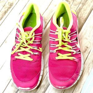 Nike Womens Free 5.0+ Running Shoes Pink, Neon Yellow & White Size 9.5